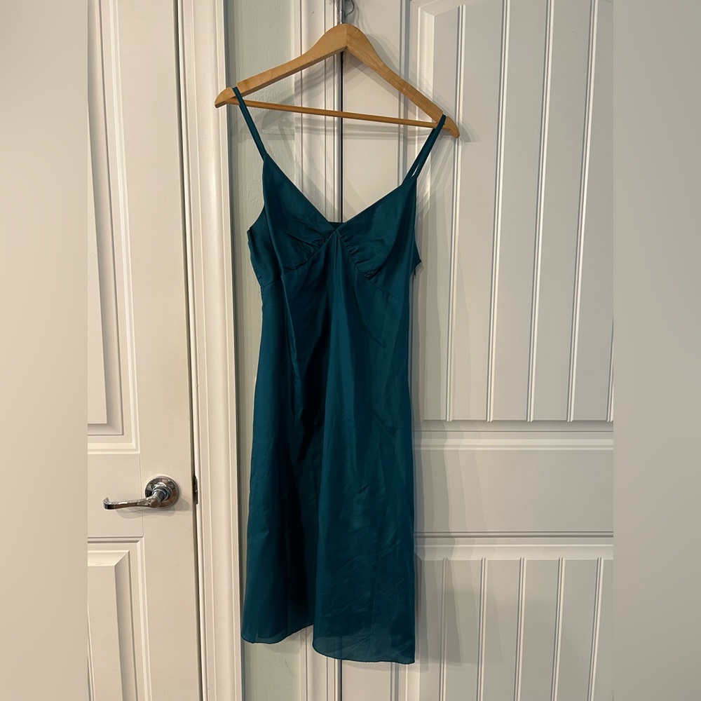 Ruth Anthropologie Elegant Black Teal Lace Silk Slip Dress Size 4 - Picture 10 of 12